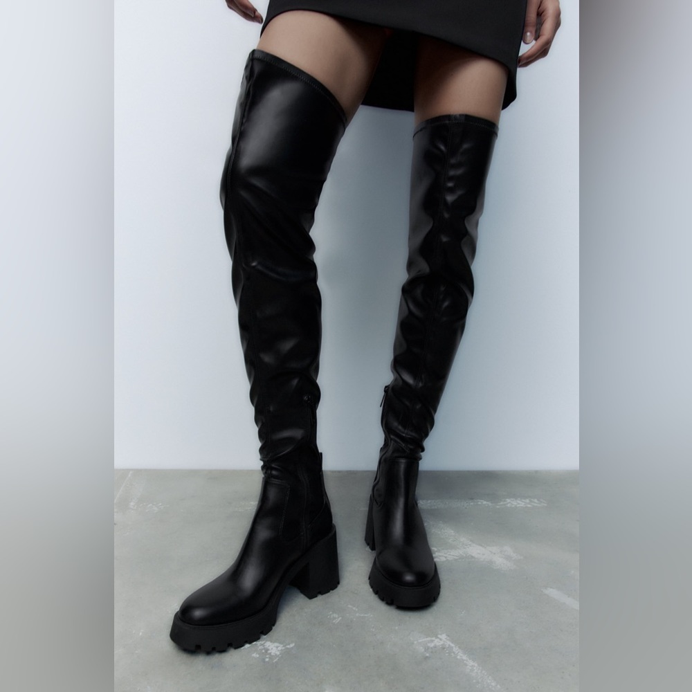 Zara Over the Knee Faux Leather Lug Sole Boots